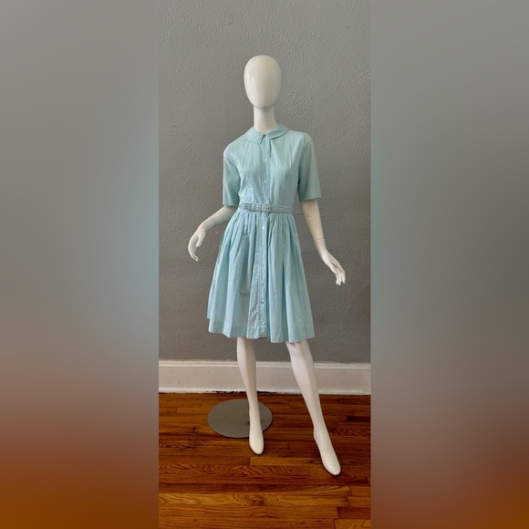 Vintage 50s Blue Striped Button Belt Fit & Flare Shirtwaist Day Dress S - Picture 6 of 15